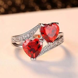 garnet Double heart engagement ring 925 gold band
